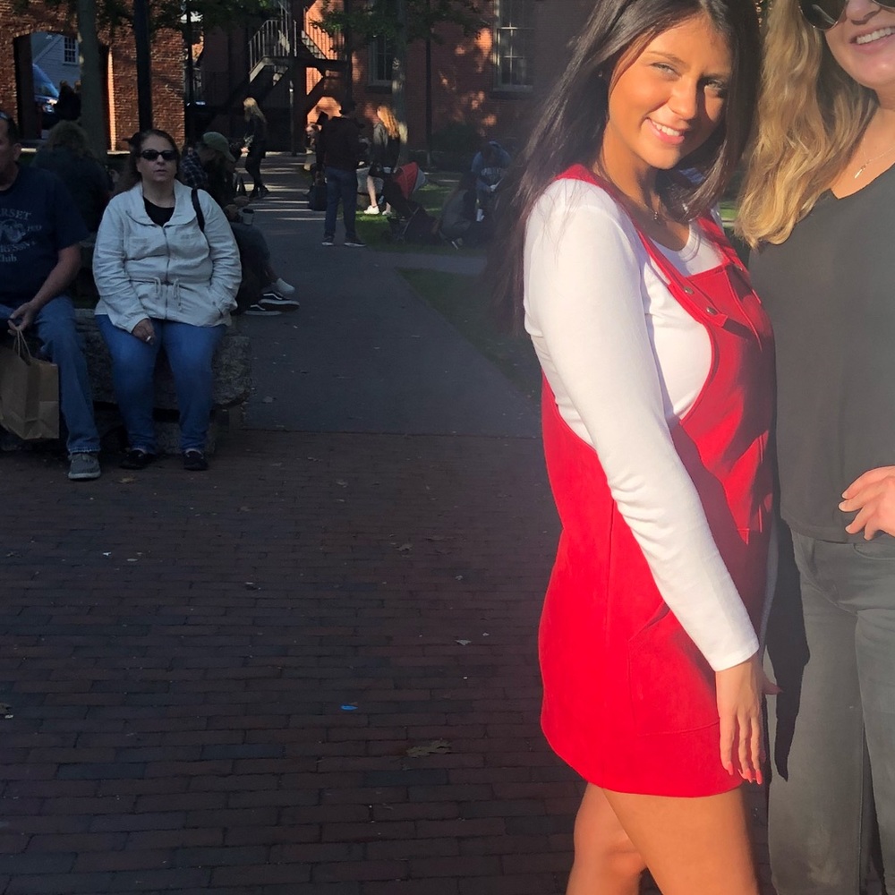 red suede overall dress